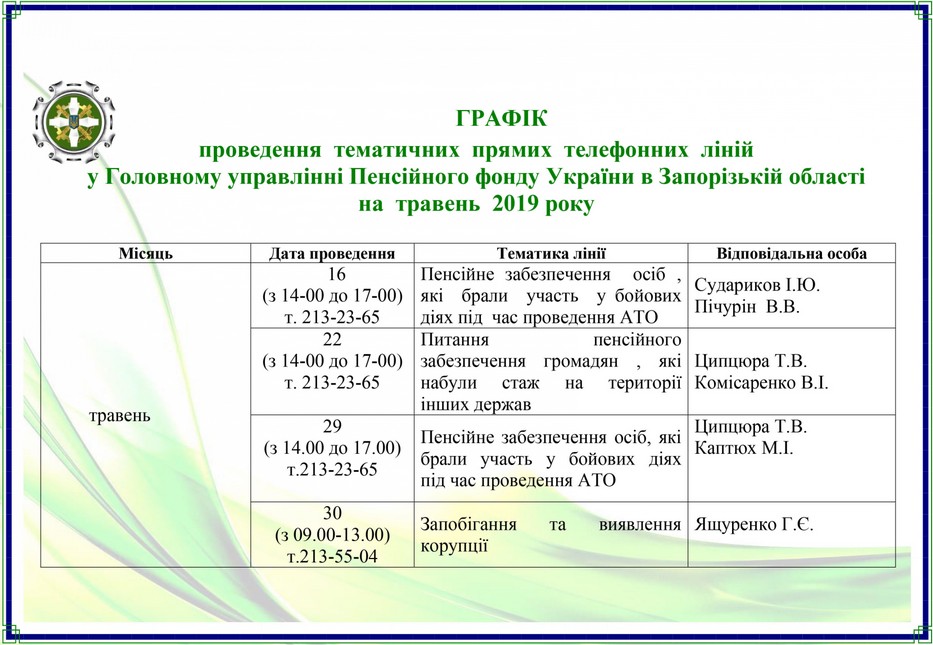 ГРАФІК проведення  тематичних  прямих  телефонних  ліній у Головному управлінні Пенсійного фонду України в Запорізькій області на травень 2019 року