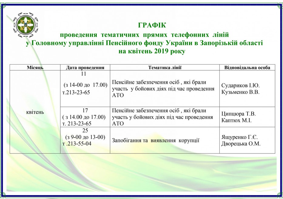 ГРАФІК проведення  тематичних  прямих  телефонних  ліній у Головному управлінні Пенсійного фонду України в Запорізькій області на квітень 2019 року