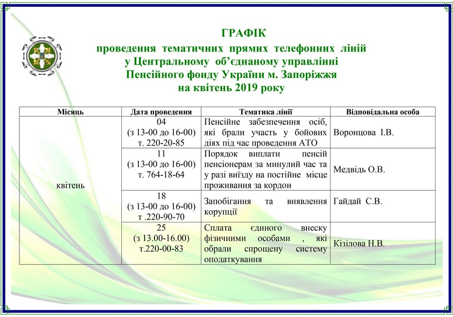 ГРАФІК проведення  тематичних  прямих  телефонних  ліній у Центральному об’єднаному управлінні Пенсійного фонду України м. Запоріжжя на квітень 2019 року